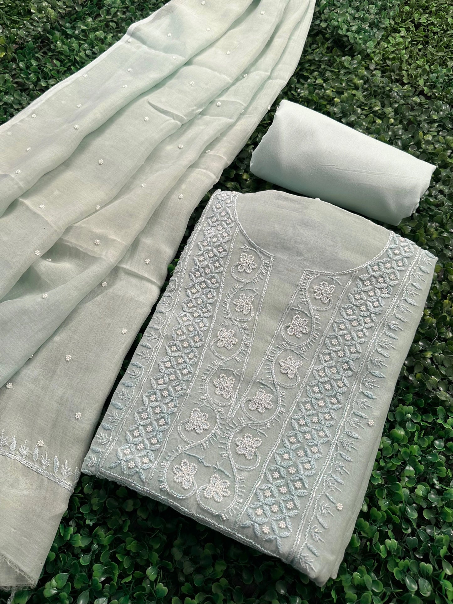 Sea Green Chanderi Chikankari 3-Piece Unstitched Suit with Katdana Work