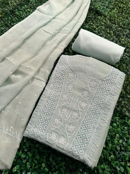 Sea Green Chanderi Chikankari 3-Piece Unstitched Suit with Katdana Work
