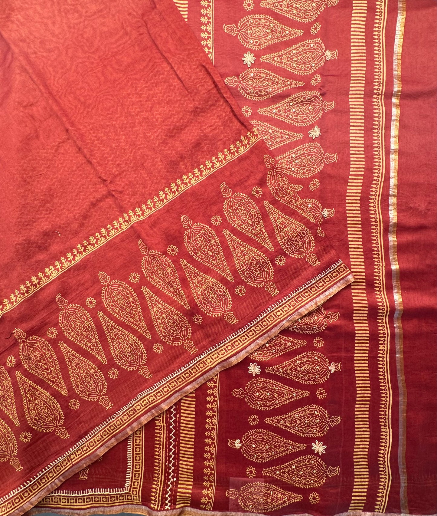 Rust-Maroon Block Print Chanderi Saree With Kaantha Stitches