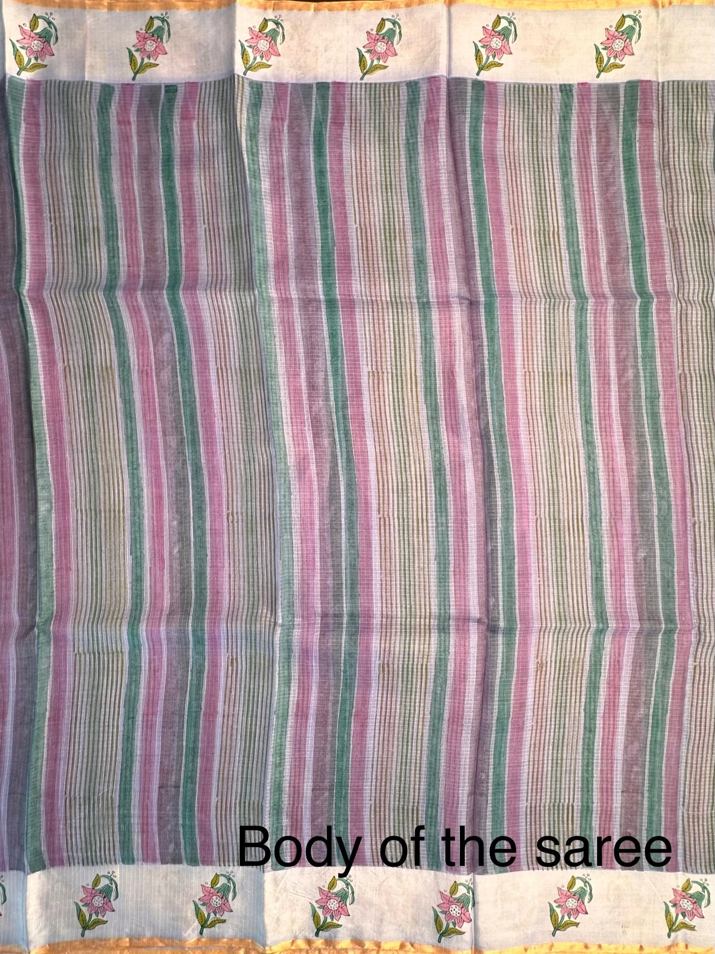 Blue-Multi Colour Hand Block-Print Pure Kota Doria Silk Saree