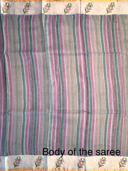 Blue-Multi Colour Hand Block-Print Pure Kota Doria Silk Saree