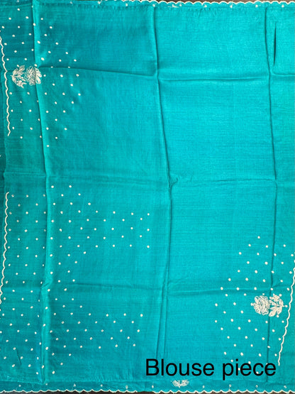 Rama Green Aari Work Pure Tussar Silk Saree