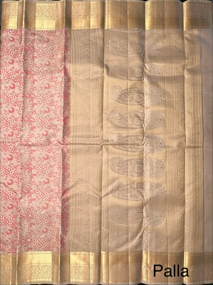 Beige-Pink  Handloom Kanjivaram Jamawar Pure Silk Saree
