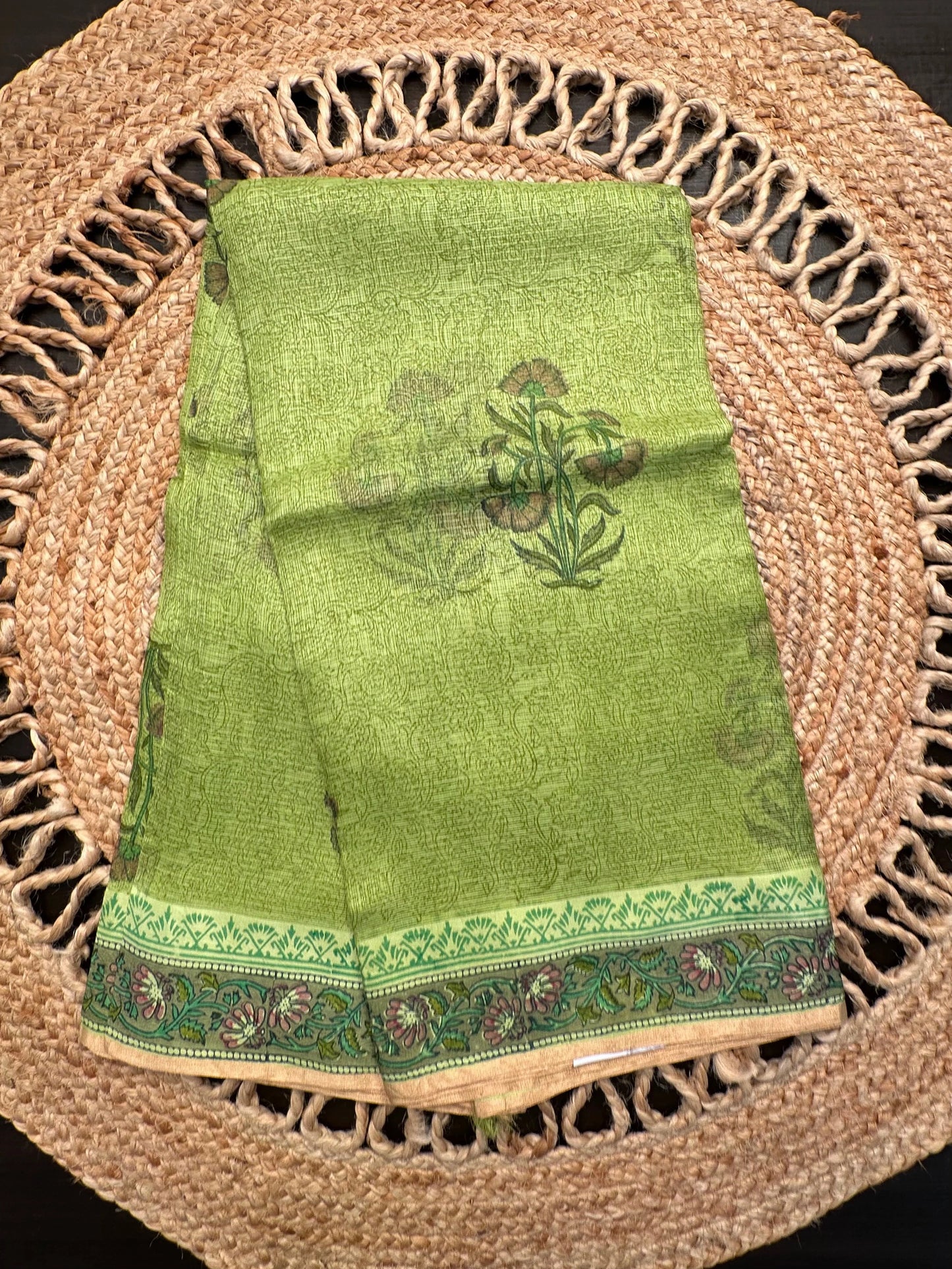 Green Hand Block-Print Pure Kota Doria Silk Saree