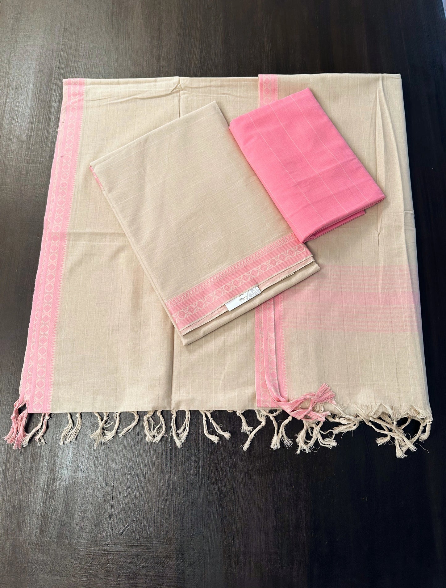 Beige -Pink Mangalgiri Cotton Unstitched 3-Piece Suit