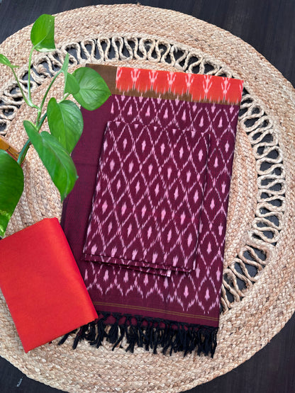 Maroon Ikkat Handloom Cotton Unstitched 3-Piece Suit