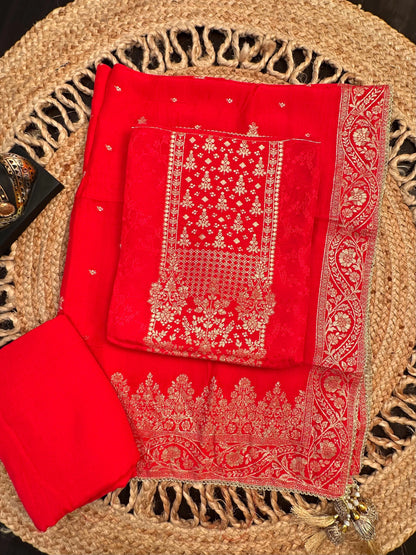 Red Artificial Crepe Unstitched 3-Piece Suit