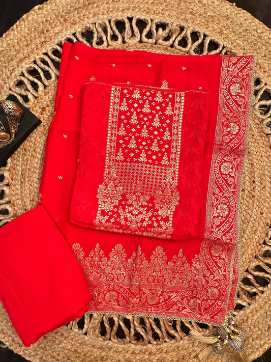 Red Artificial Crepe Unstitched 3-Piece Suit