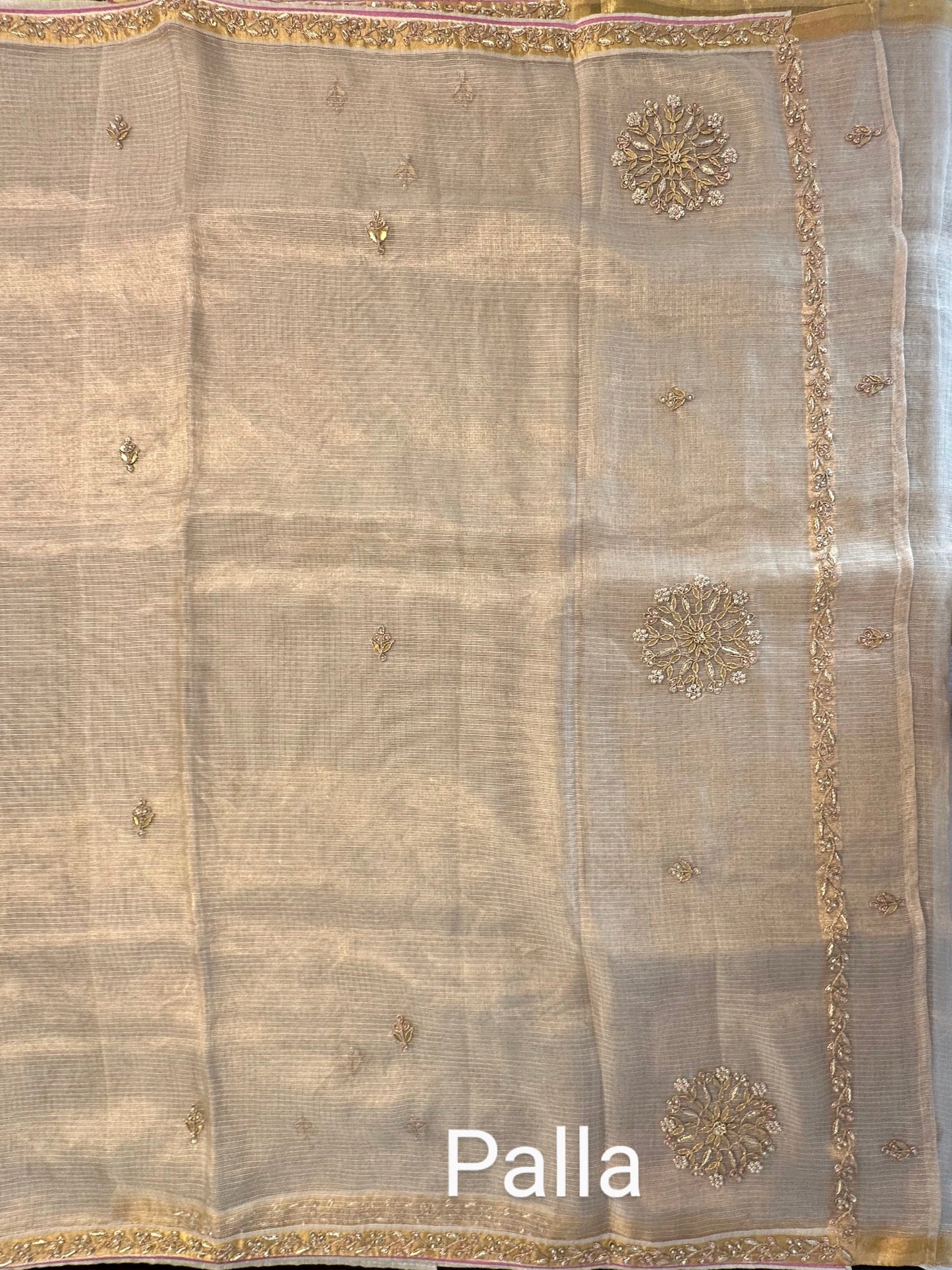 Golden Beige Kota Doria Silk Saree With Zari Work