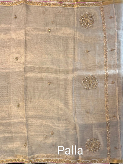 Golden Beige Kota Doria Silk Saree With Zari Work
