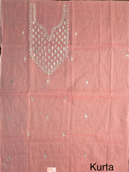 Coral Pink 4-Piece Kota Doria Cotton Unstitched Suit