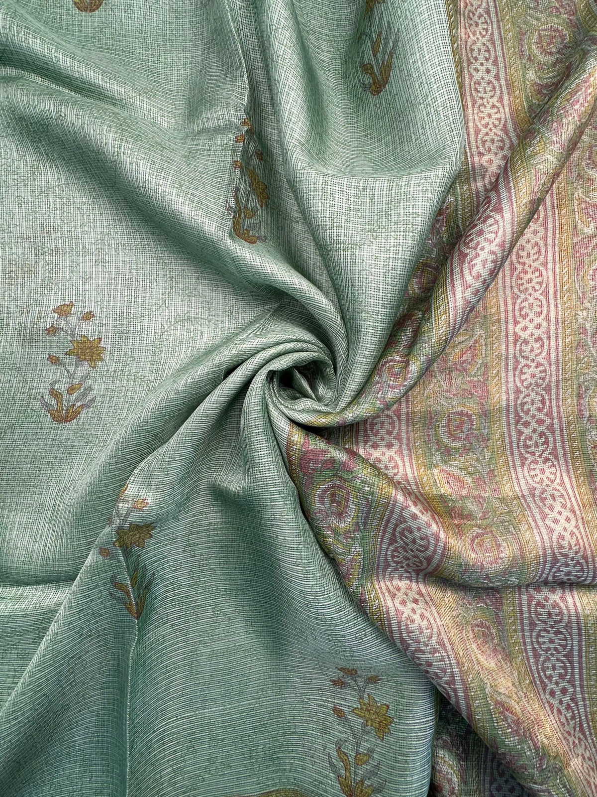 Pista Hand Block-Print Pure Kota Doria Silk Saree
