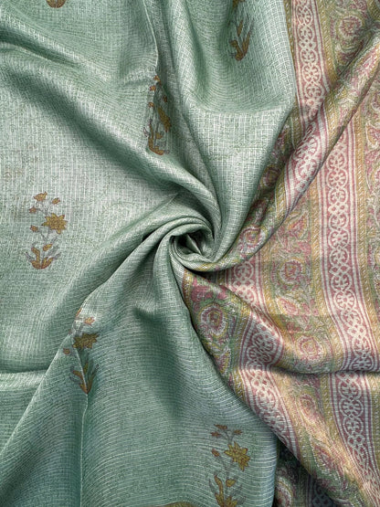 Pista Hand Block-Print Pure Kota Doria Silk Saree