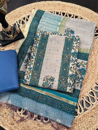 Beige- Blue Chanderi 3-Piece Suit