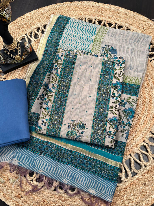 Beige- Blue Chanderi 3-Piece Suit
