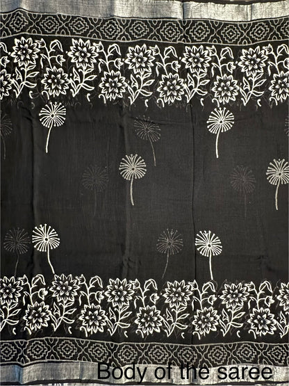 Black Printed Linen Saree