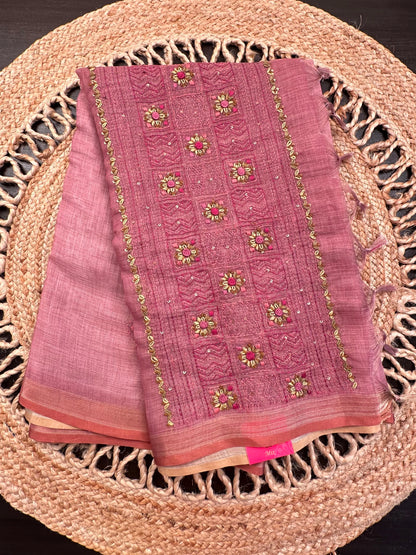 Dusky Pink Blended Cotton Saree with Hand Embroidery
