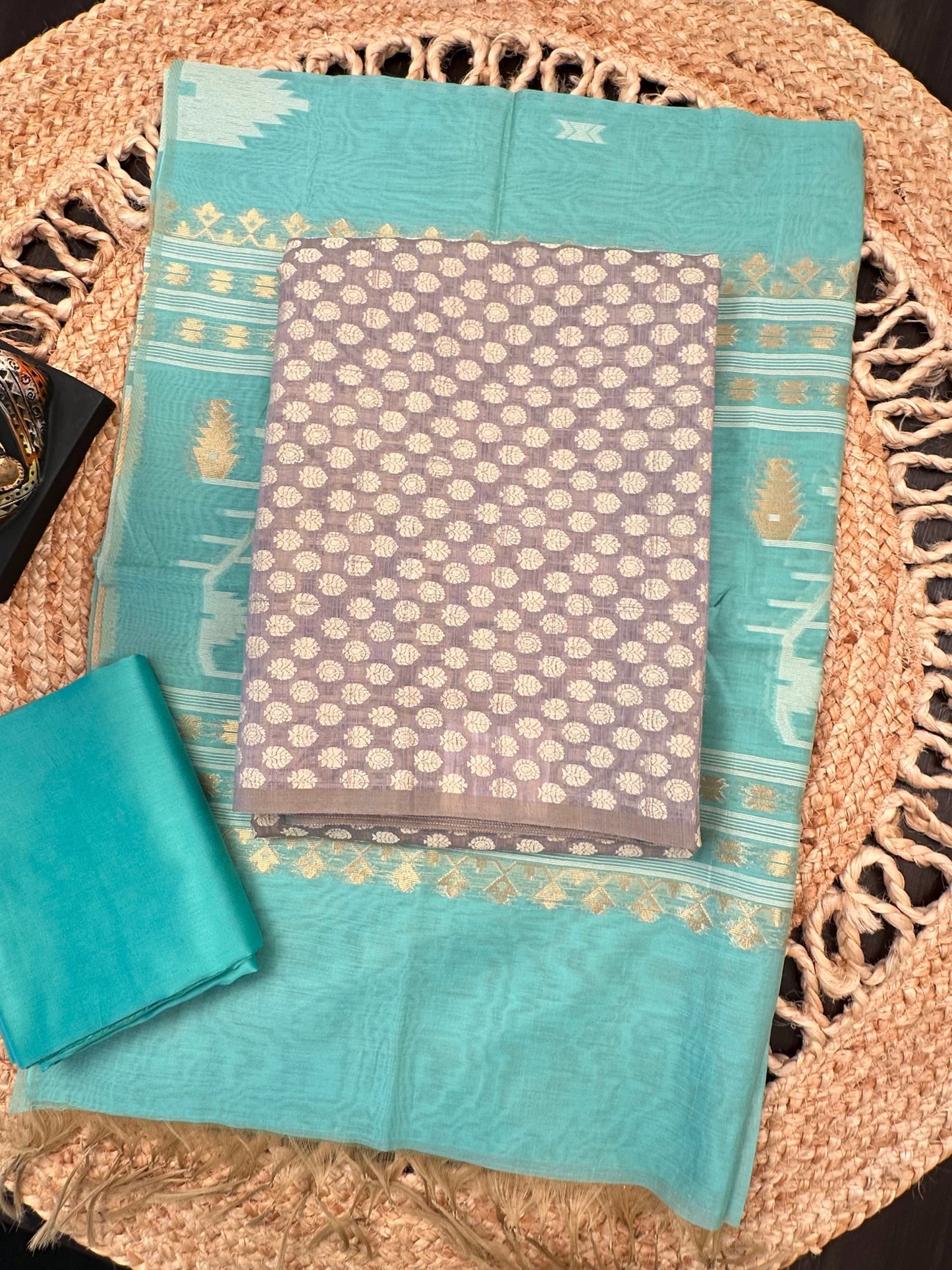 Grey Jacquard Unstitched Cotton Suit
