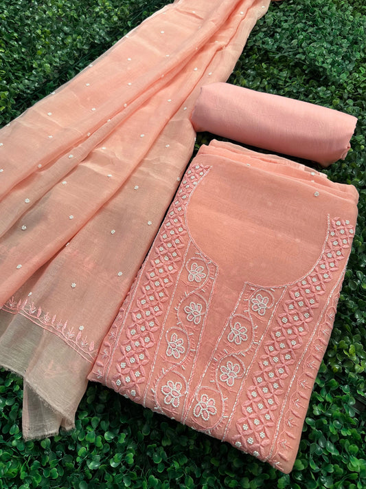 Peach Chanderi Chikankari 3-Piece Unstitched Suit with Katdana Work