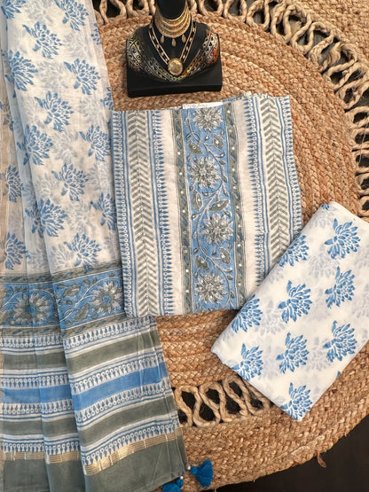 Off White-Blue Hand Block Printed Chanderi 3-Piece Unstitched Suit with Aari Work
