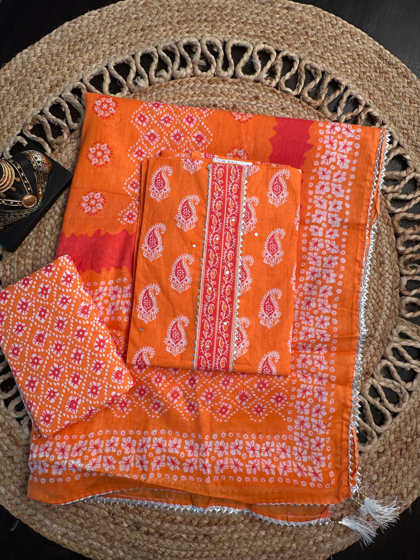 Orange Jaipuri Necktie Cotton 3-Piece Suit