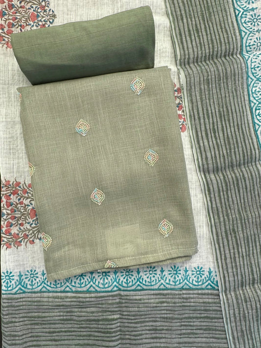 Sage Green Jute Cotton 3-Piece Suit