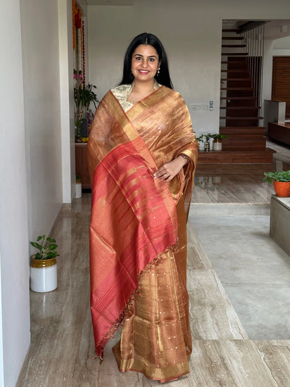 Rust Orange Emboss Tissue Silk Saree
