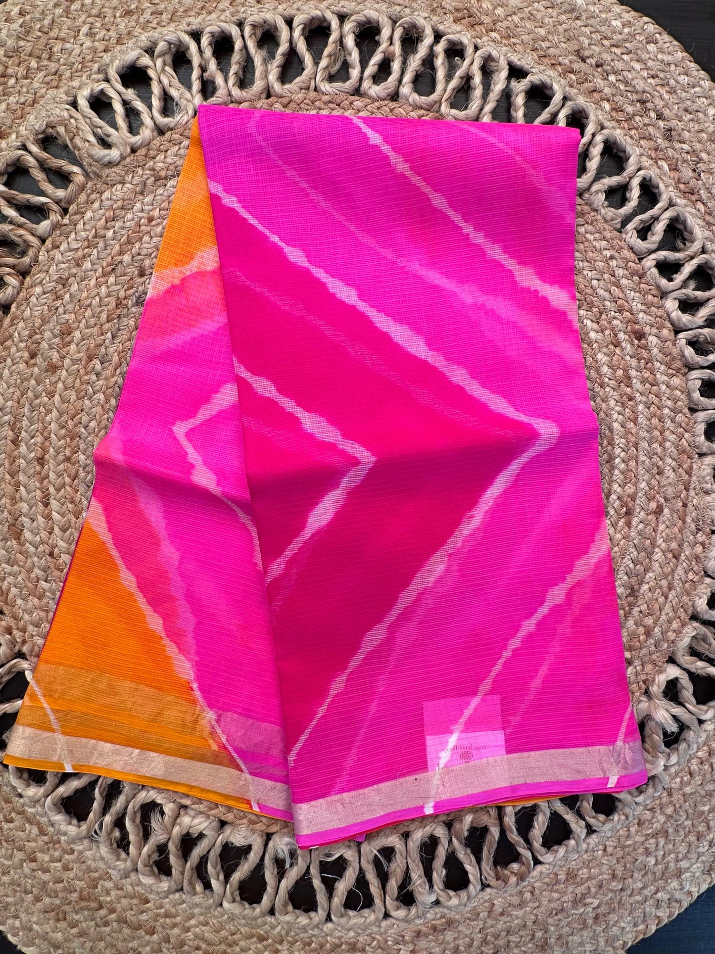 Pink-Rani-Yellow Leheriya Kota Doria Pure Silk Saree