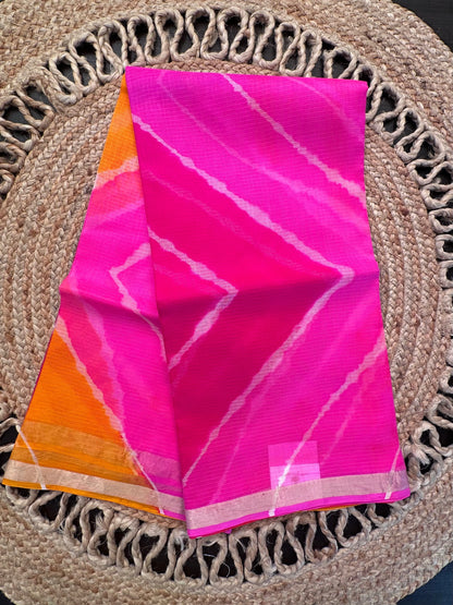 Pink-Rani-Yellow Leheriya Kota Doria Pure Silk Saree