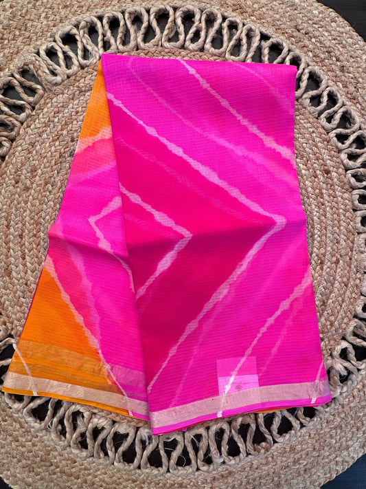 Pink-Rani-Yellow Leheriya Kota Doria Pure Silk Saree