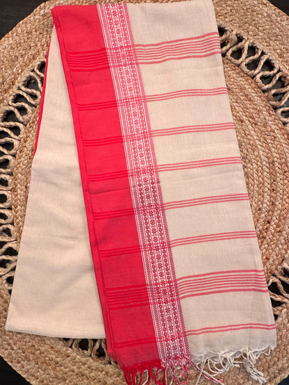 Cream-Red Piku Bengal Cotton Saree