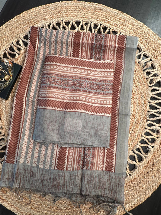 Grey Printed Chanderi 3-Piece Unstitched Suit