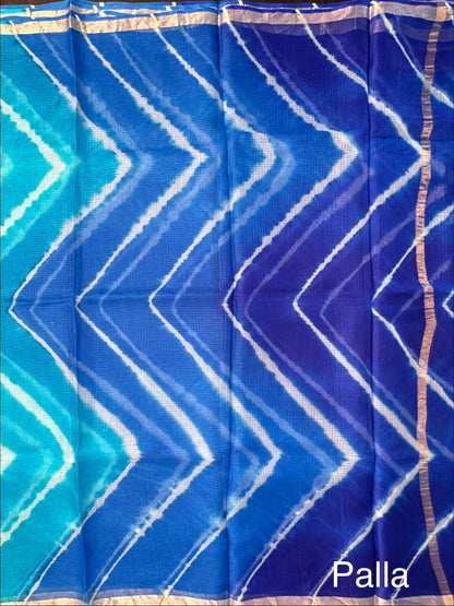 Firozi-Blue Leheriya Kota Doria Pure Silk Saree