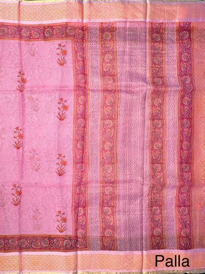Pink Hand Block-Print Pure Kota Doria Silk Saree