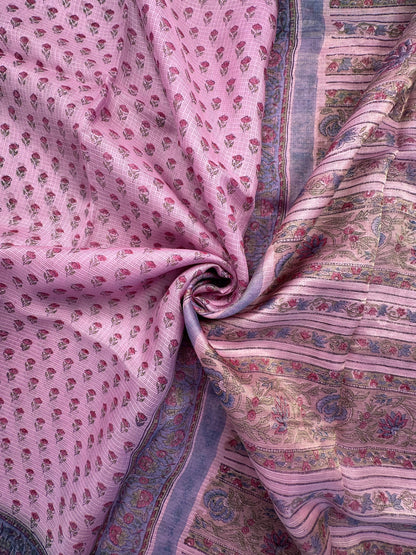 Pink Hand Block-Print Pure Kota Doria Silk Saree