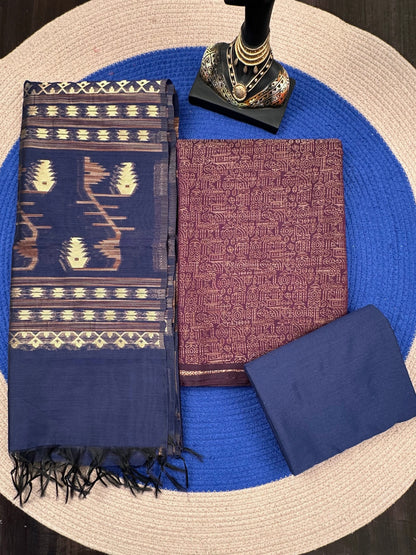 Purple-Blue Jacquard 3-piece Unstitched Cotton Suit