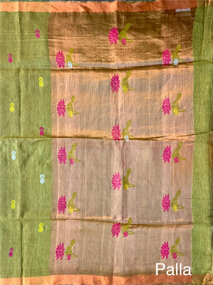 Green Fancy Cotton Tissue Saree ( Linen Texture)