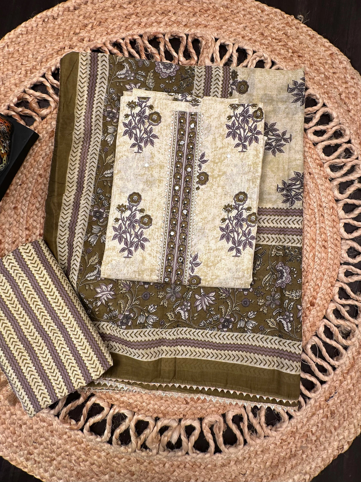 Mehendi Green Jaipuri Necktie Cotton 3-Piece Suit