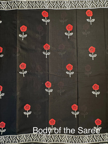 Black Baag Hand Block Print Pure Cotton Saree