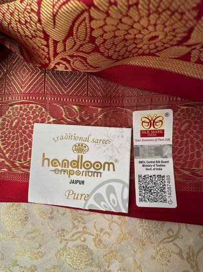 Cream-Maroon Handloom Kanjivaram Jamawar Pure Silk Saree