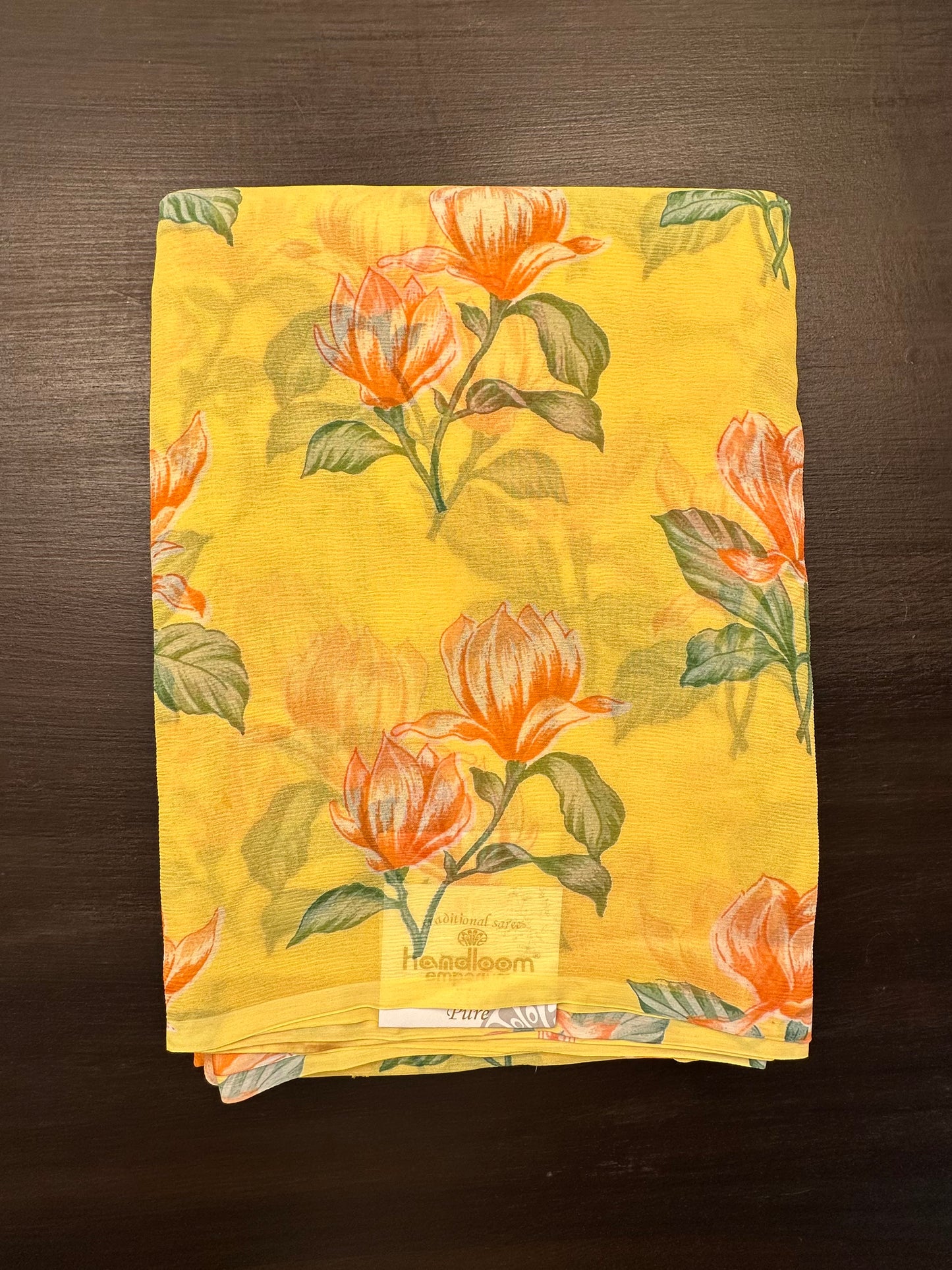 Yellow Floral Print Chiffon Saree
