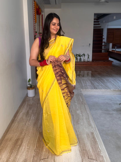 Yellow Drishti Chanderi Saree With Hand Work