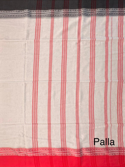 Off White-Red-Black Piku Bengal Cotton Saree