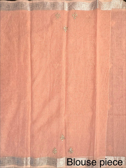 Peach Fancy Cotton Saree With Hand Work