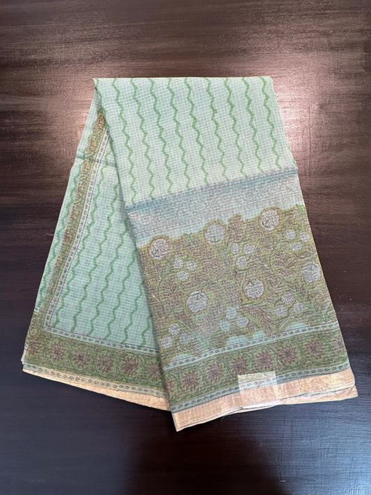 Pista Green Block Print kota Doria Cotton Saree
