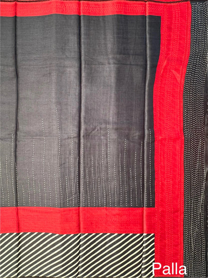 Black-White-Red Pure Tussar Silk Saree