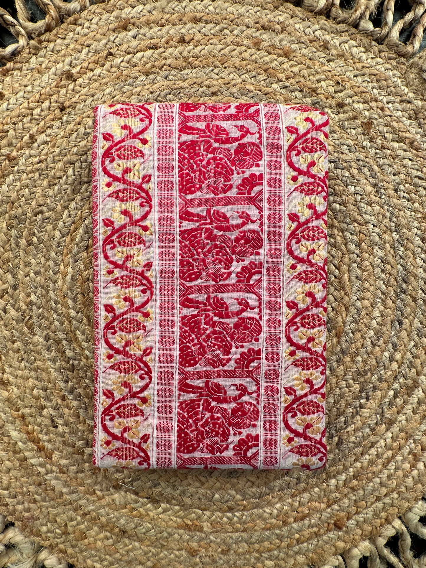 White Red Doodh Aalta Baluchari Weave Pure Cotton Saree