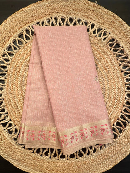 Dusky Pink Fancy Zari Cotton Saree With Hand Work