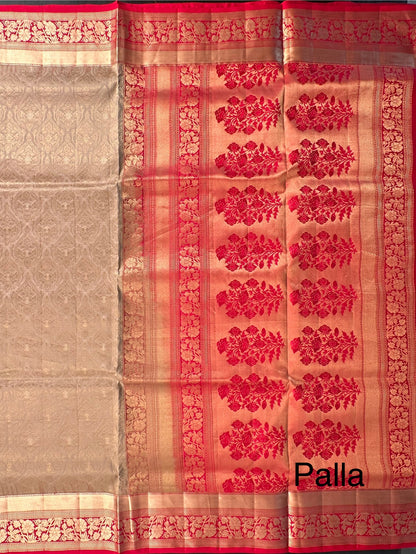 Beige-Red Handloom Kanjivaram Jamawar Pure Silk Saree