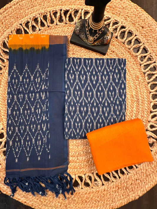 Navy Blue-Mustard Ikkat Cotton Unstitched 3-Piece Suit